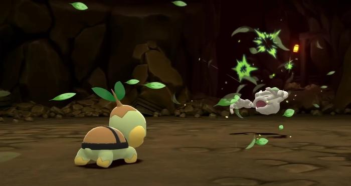Grass-type Turtwig, going up against rock and ground-type Geodude in Pokémon Brilliant Diamond and Shining Pearl.