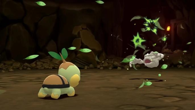 A Turtwig is battling a Geodude in Pokémon Brilliant Diamond and Shining Pearl.