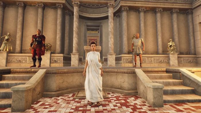 The Forgotten City. Sentius, Equitia and Galerius are standing in the amphitheater during the election. Senitus is on the left, Galerius is on the right and equitita is in the middle.