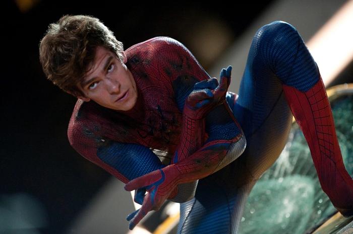Andrew Garfield's Spider-Man is in his suit with no mask.