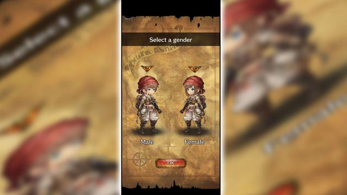 The gender select screen in mobile JRPG Mitrasphere.