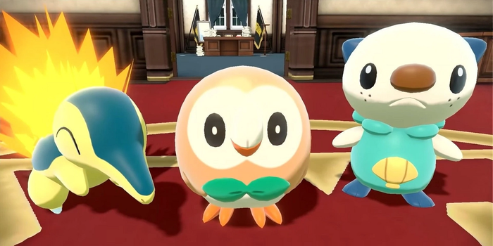 Cyndaquil, Rowlet, and Oshawott stand in a row looking at you expectantly.