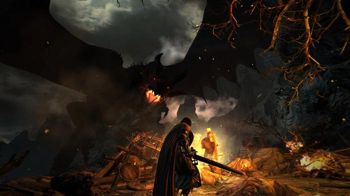 Image of the player fighting a dark dragon in Dragon's Dogma.