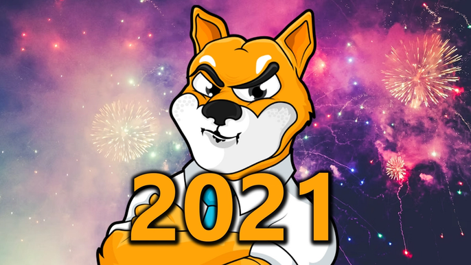 Shiba Inu mascot in front of fireworks, with 2021 text.