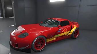 An image of a Lightning McQueen inspired car in GTA Online.