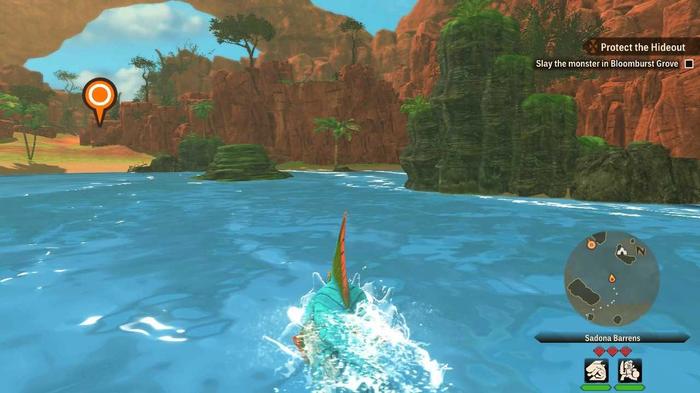 A rider rides on the back of a Zamtrios as it swims in Monster Hunter Stories 2