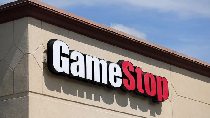 Image of GameStop logo on a wall.