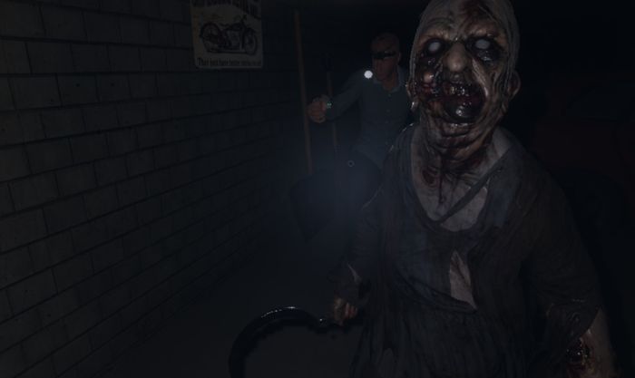 A ghost in its physical form during a hunt in Phasmophobia, with another player standing behind them.