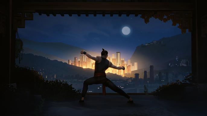 The player character of Sifu looks over the city.