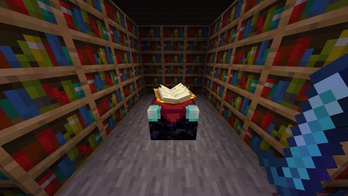 A Minecraft enchantment table surrounded by bookshelves