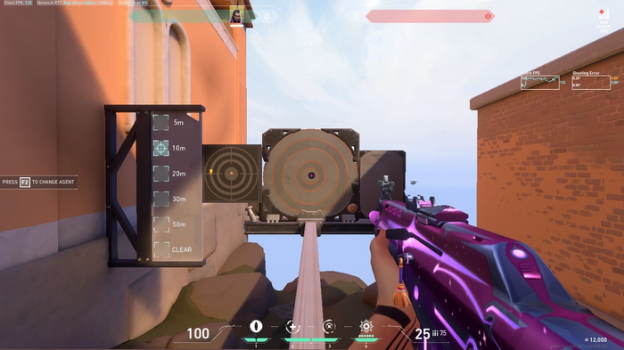 Valorant player aiming at target with flower crosshair.