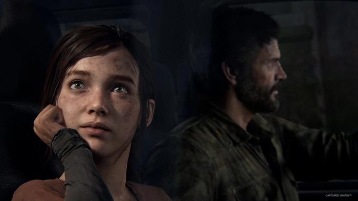 Image of Joel and Ellie in a car in The Last of Us Part I.