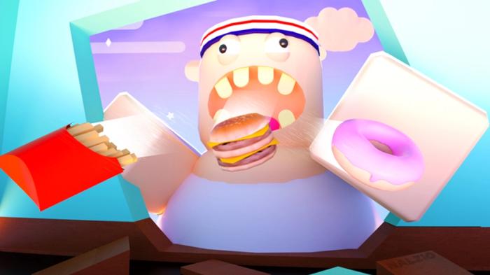 Roblox character eating fries and cake in Eating Simulator