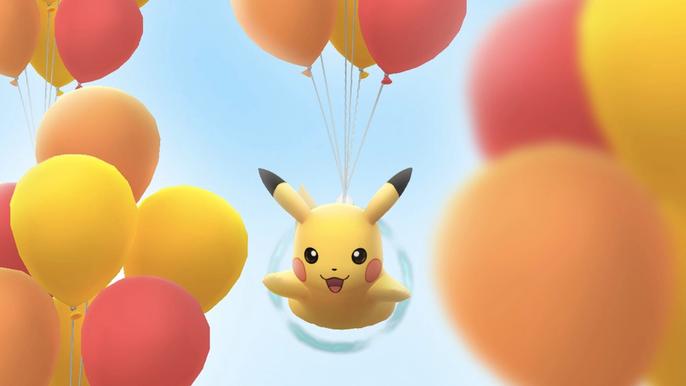 Image of Pikachu floating among balloons in Pokémon GO.