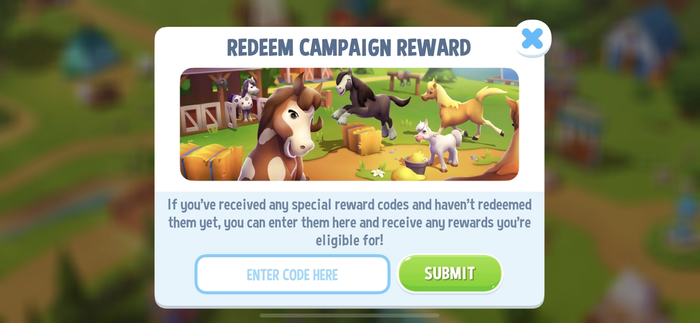 Screenshot of the FarmVille 3 code redemption menu, showing a text box and Submit button