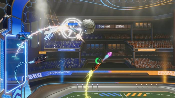 Two players battle mid-air by the goal in Rocket League Sideswipe.