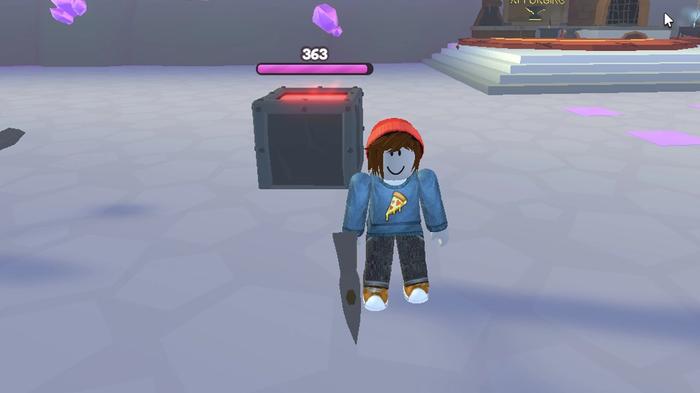 Screenshot from Manic Mining 2, showing a Roblox character armed with a pickaxe, about to break a rock