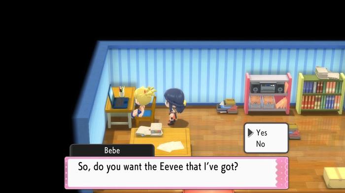 Eevee is given to a Pokémon Trainer by Bebe of Hearthome City in Pokémon Brilliant Diamond and Shining Pearl after unlocking the National Pokédex.