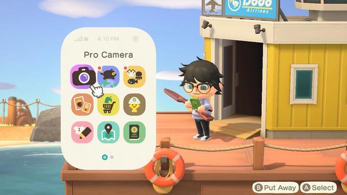 A player opening the Pro Camera app on their Nook Phone in Animal Crossing: New Horizons.