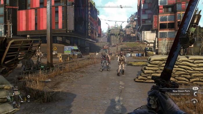 A man is holding a katana with two zombies in front of him in Dying Light 2.