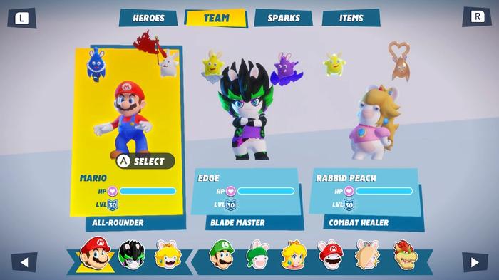 Image of a team comprised of Mario, Edge, and Rabbid Peach in Mario and Rabbids Sparks of Hope