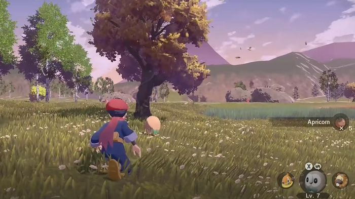 A Pokémon Trainer uses their Rowlet to farm Apricorn from a tree in Obsidian Fieldlands of Pokémon Legends: Arceus.