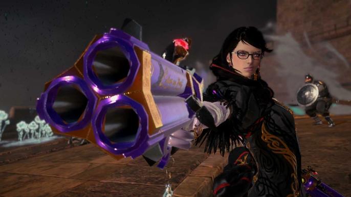 Bayonetta aiming a purple gun in Bayonetta 3