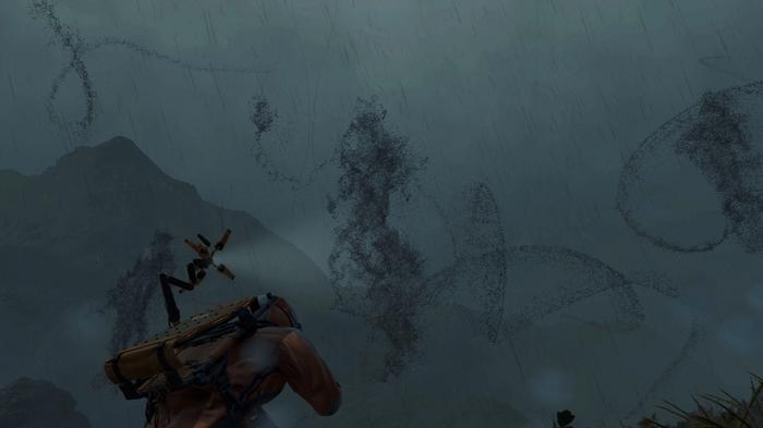 Sam facing multiple silhouettes of Beached Things of Death Stranding.