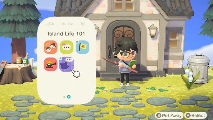 A player using the Nook Phone to view the Island Life 101 app in Animal Crossing: New Horizons.