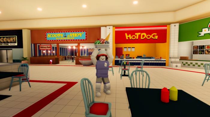 Screenshot from Stranger Things: Starcourt Mall on Roblox, showing an avatar wearing Dustin's trademark hat