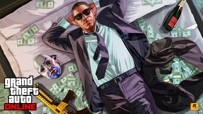 GTA Online Ill Gotten Gains official artwork. The image is of a man laying on a large bed surrounded by money. There is a clown mask on the left of the image on the bed and two guns either side of the man. 