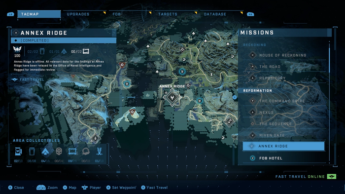 The Halo Infinite open world map, highlighting the Annex Ridge encampment.