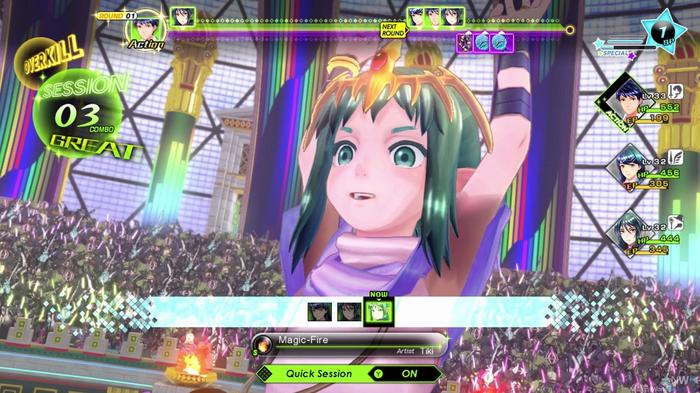 A purple-haired girl performing a move in Tokyo Mirage Sessions.