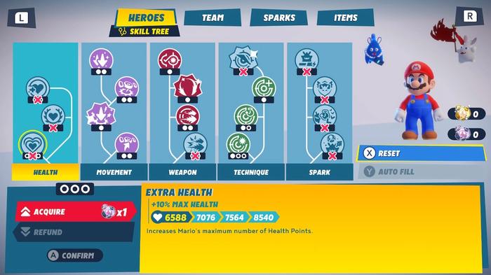 Image of Mario's skill tree in Mario and Rabbids Sparks of Hope