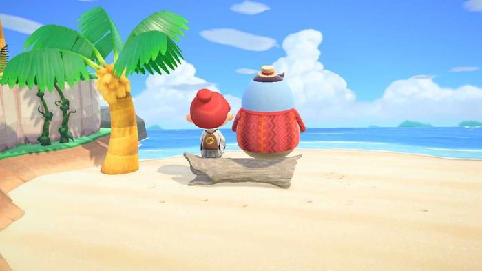 Animal Crossing New Horizons Happy Home Paradise. Player and Wardell are facing away from the camera, looking at the ocean.