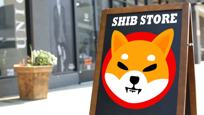 Shiba Inu logo on a black board, with the text SHIB STORE above it, on a white pavement.
