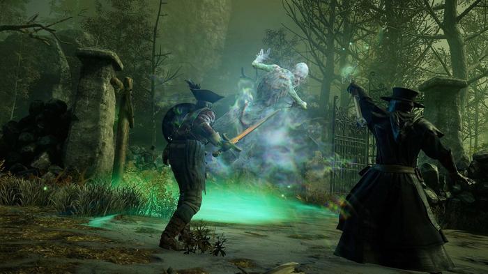 Two characters are fighting the ghost in New World.
