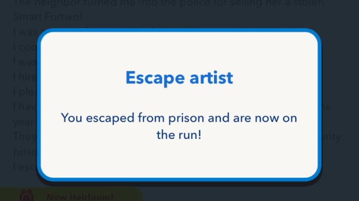 Screenshot from BitLife, showing the escape prison confirmation page