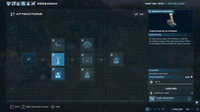 Jurassic World Evolution 2 Monorail Station Research Screen. The screen is showing that the Monorail Station research is ready to begin and will cost $200,000. Also, the scientist requirements have been filled to 6/5. 