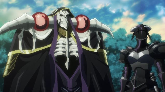 A large skeleton lord, with a large purple cloak, is stood next to a knight in black armour.