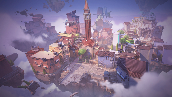 This image is an eagle eye view of the Ascent Map in Valorant. It is designed by Riot Games.