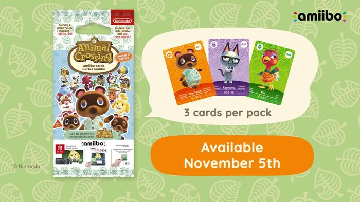 Animal Crossing New Horizons Amiibo Cards - Packet artwork, three cards in a speech bubble next to it saying "three cards per pack". Picture of three villagers in cards. Underneath in an orange bubble, says "Available November 5th"