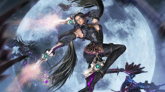 Bayonetta posing with her twin guns against the moon.
