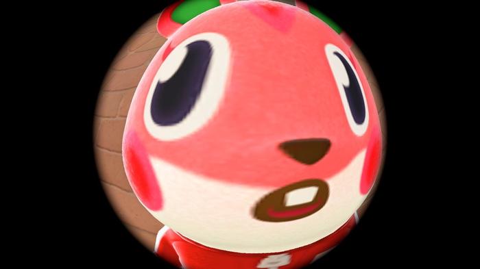 A photo of a villager using the Pro Camera App's Handheld feature and Fish Eye Lens in Animal Crossing: New Horizons.