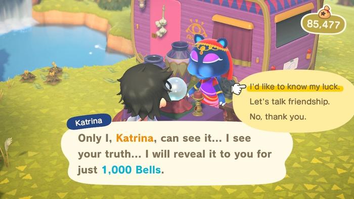 Katrina's fortune-telling services on Harv's Island in Animal Crossing: New Horizons.