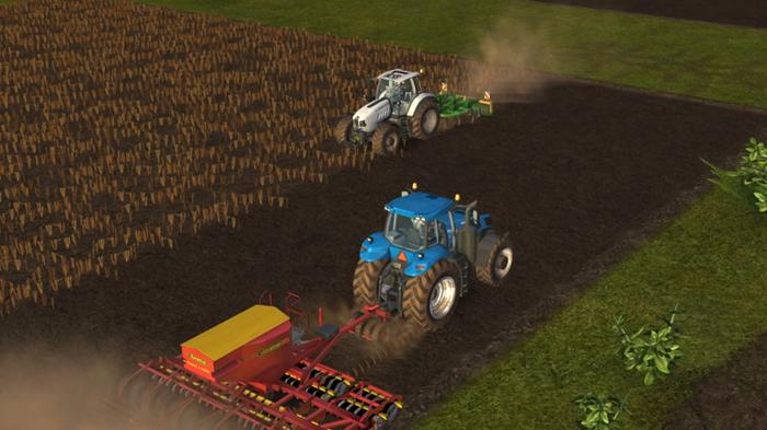 Screenshot from Farming Simulator, with two tractors ploughing fields