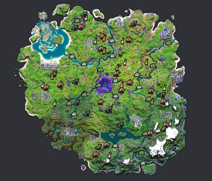 Map containing all Fortnite wildlife locations in Season 7.