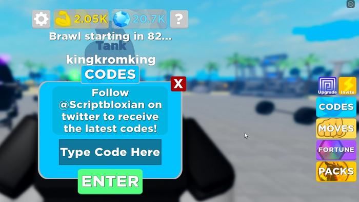 The Muscle Legends code redemption screen and menu