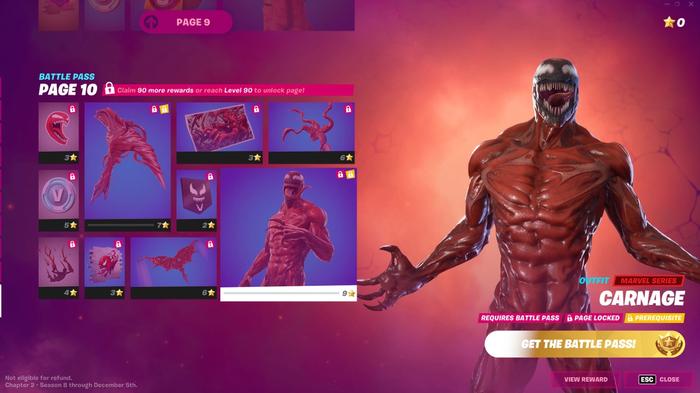 The image is a screenshot of page ten, depicting the Carnage outfit from the Fortnite Season 8 Battle Pass