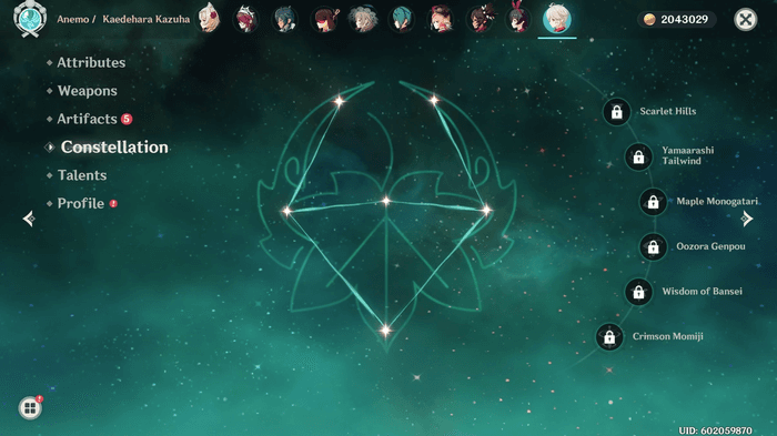 Kazuha's Constellation screen